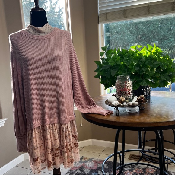 FREE PEOPLE: Sweet Escape Thermal Waffle Knit  Layered Floral Chiffon Dress..NWT - Picture 5 of 11